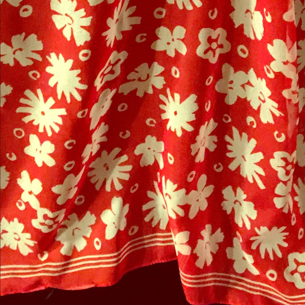 Scarf, red w white floral pattern & striped trim.